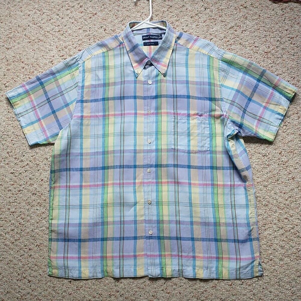 Grant Thomas Button Down Shirt Men XL Pastel Plaid Pure Linen Short Sleeve
